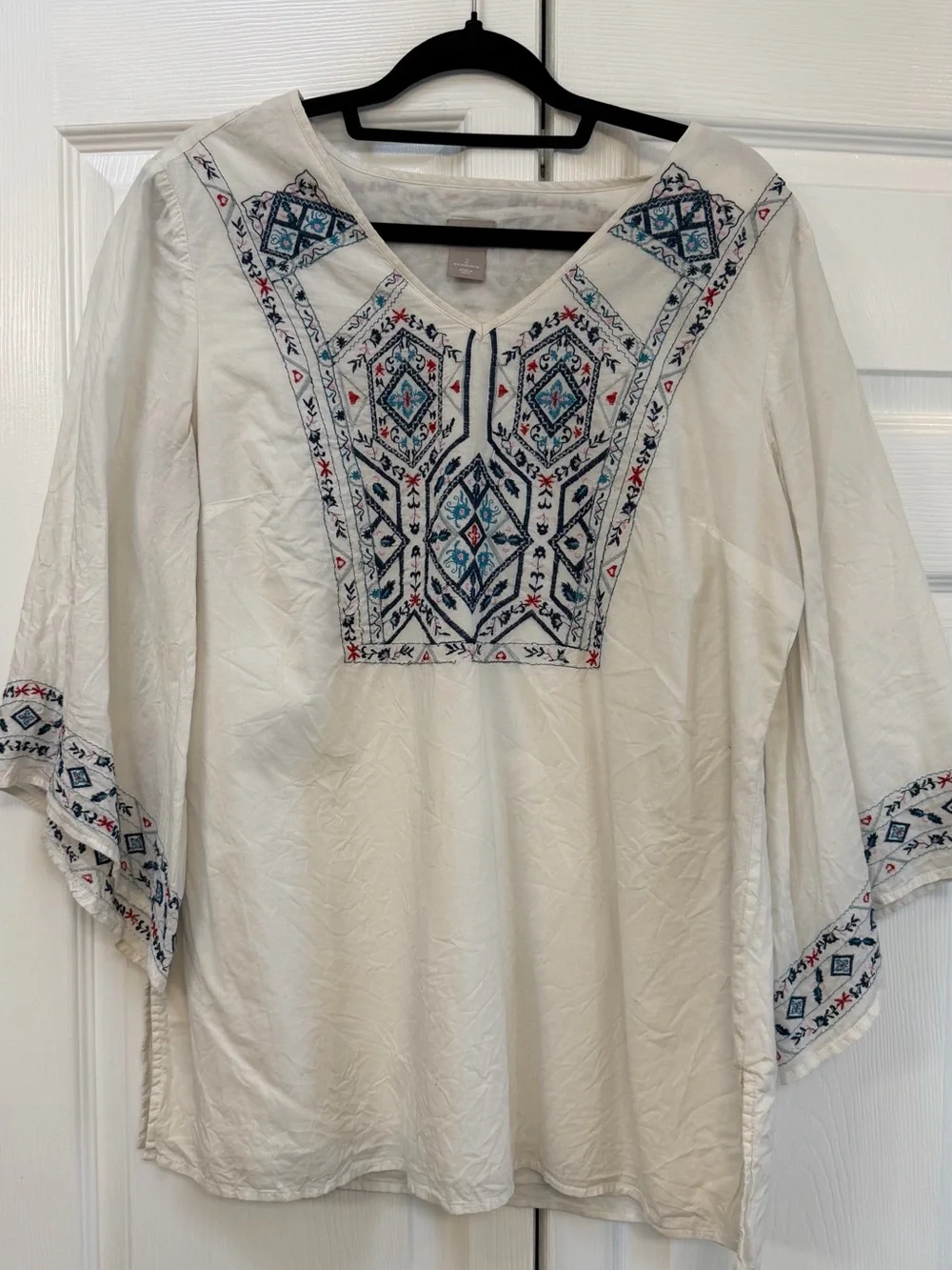 Chico's White Tunic with Blue and Red Embroidery